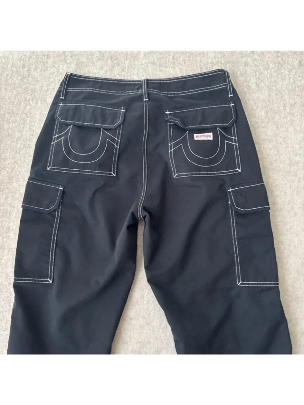 True Religion Bobby Baggy Cargo Pants Black Back Flap Pockets Mens 32x30